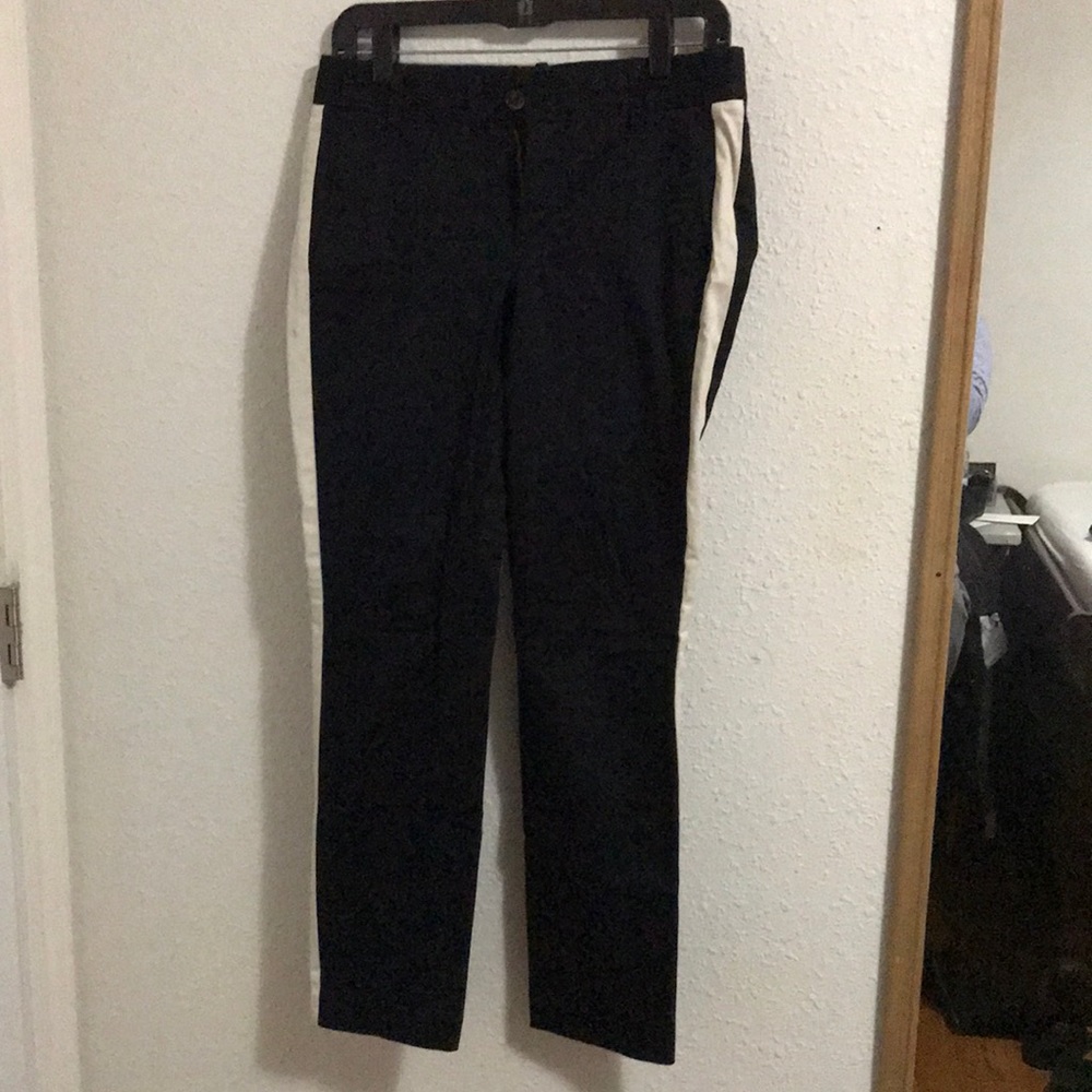 J-Crew’s Black Pants with cream stripes on side
